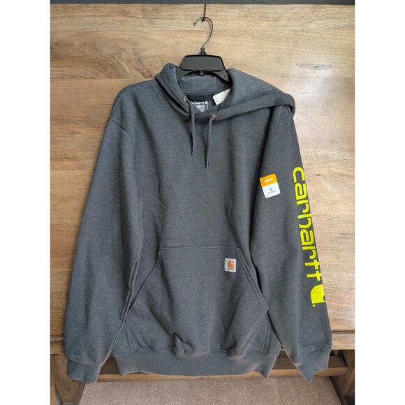 Carhartt Pullover Hoodie Mens Small Dark Gray Loose Fit Workwear Graphic Sleeve - Picture 1 of 4